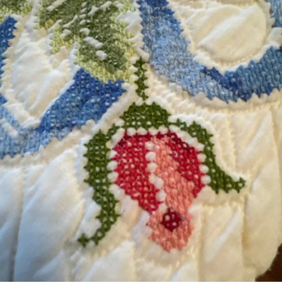 Vintage Quilt Embroidered Handsewn Cross Stitch Bedspread Flowers Ribbons 84x84” - Picture 4 of 13